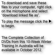 To download and save these files to your computer, right click on the microphone and select “download linked file as”.
To play the message click the ► to begin.

The Complete Collection of DVDs from this 10-Week Winter Training In Australia will be available in October 2012.